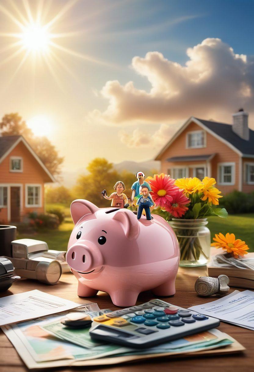A serene landscape with a happy family holding a piggy bank, surrounded by tools of thrifty living like coupons, a calculator, and a house model. The background features a bright sun symbolizing financial freedom, with soft clouds and colorful flowers in bloom. The scene exudes warmth and optimism, representing joyful savings. vibrant colors. super-realistic. sunny day.