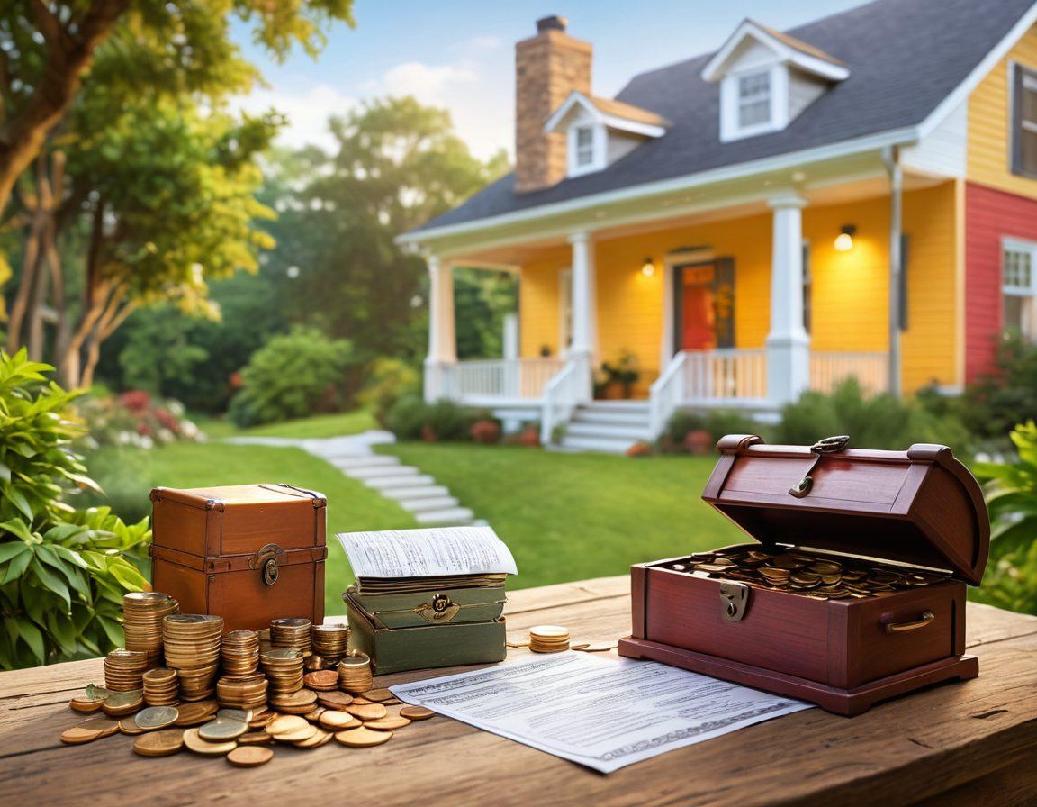 A cozy, inviting home with a welcoming porch, surrounded by lush greenery, symbolizing security and low-cost living. In the foreground, an open treasure chest overflowing with coins and mortgage papers to represent savings and smart debt management. A sunlit sky in the background enhances the sense of hope and opportunity. The atmosphere is warm and encouraging, drawing viewers to the idea of financial success. vibrant colors. super-realistic. illustration.