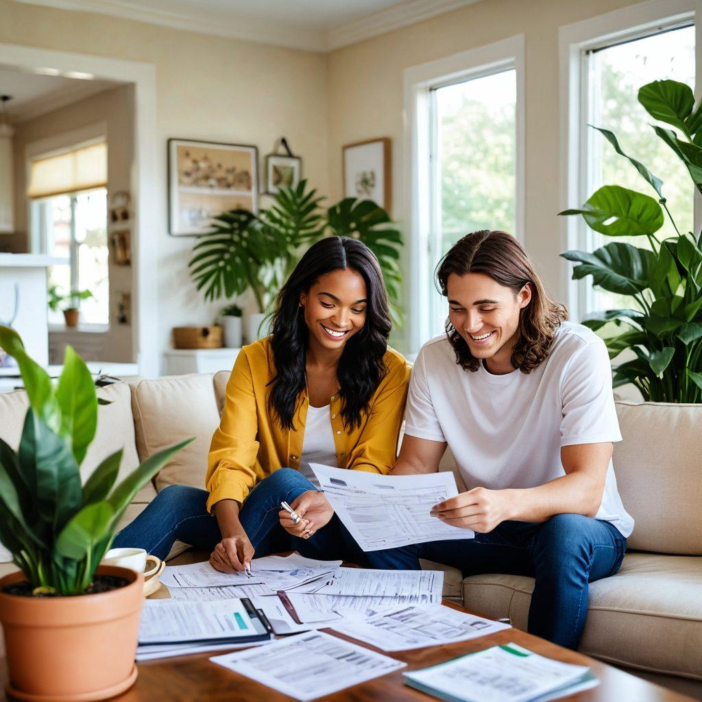 A cozy living room scene illustrating a young couple, looking excited as they study mortgage documents on a coffee table filled with budgeting tools and a savings jar, surrounded by house plants and warm lighting. Incorporate a visual metaphor for financial freedom, like open doors leading to a sunny outdoor space. Style: bright and inviting, super-realistic, vibrant colors.